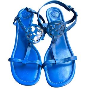 Tory Burch Royal Blue Miller Leather Wedge Sandals Size: 8